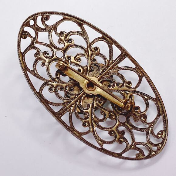 Vintage Mid Century Gold Tone Filigree Brooches Red Green Glass Cabochons Set - Picture 9 of 12